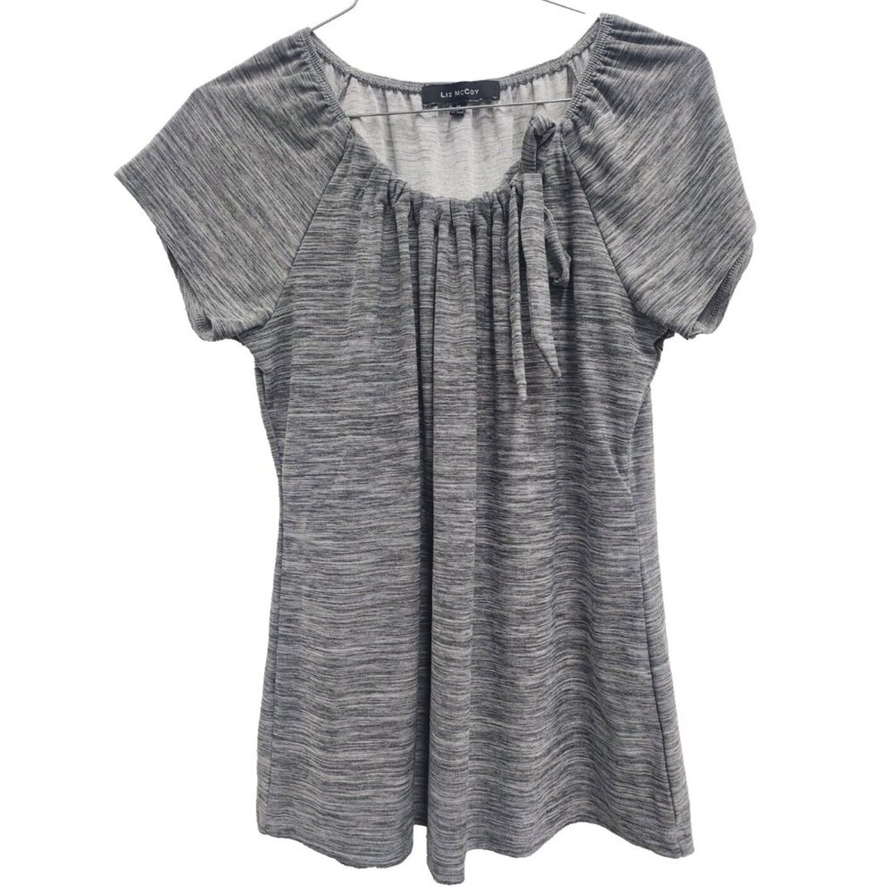 Liz McCoy Womens Top XL Heather Gray Bow‎ Tie Short Sleeve Office Casual